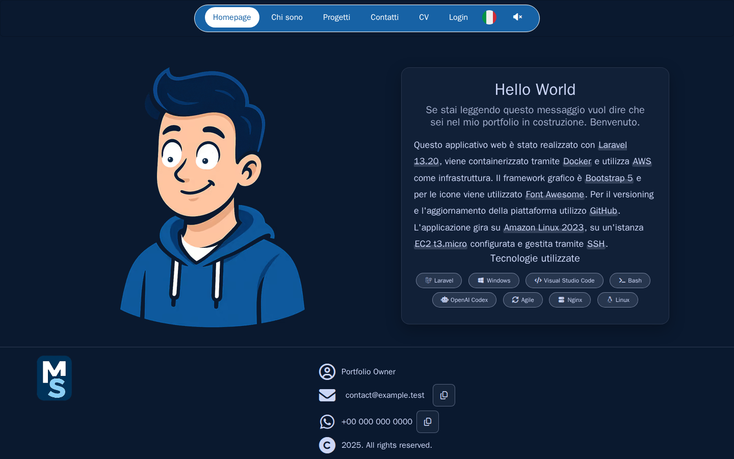 Homepage del portfolio alla viewport desktop
